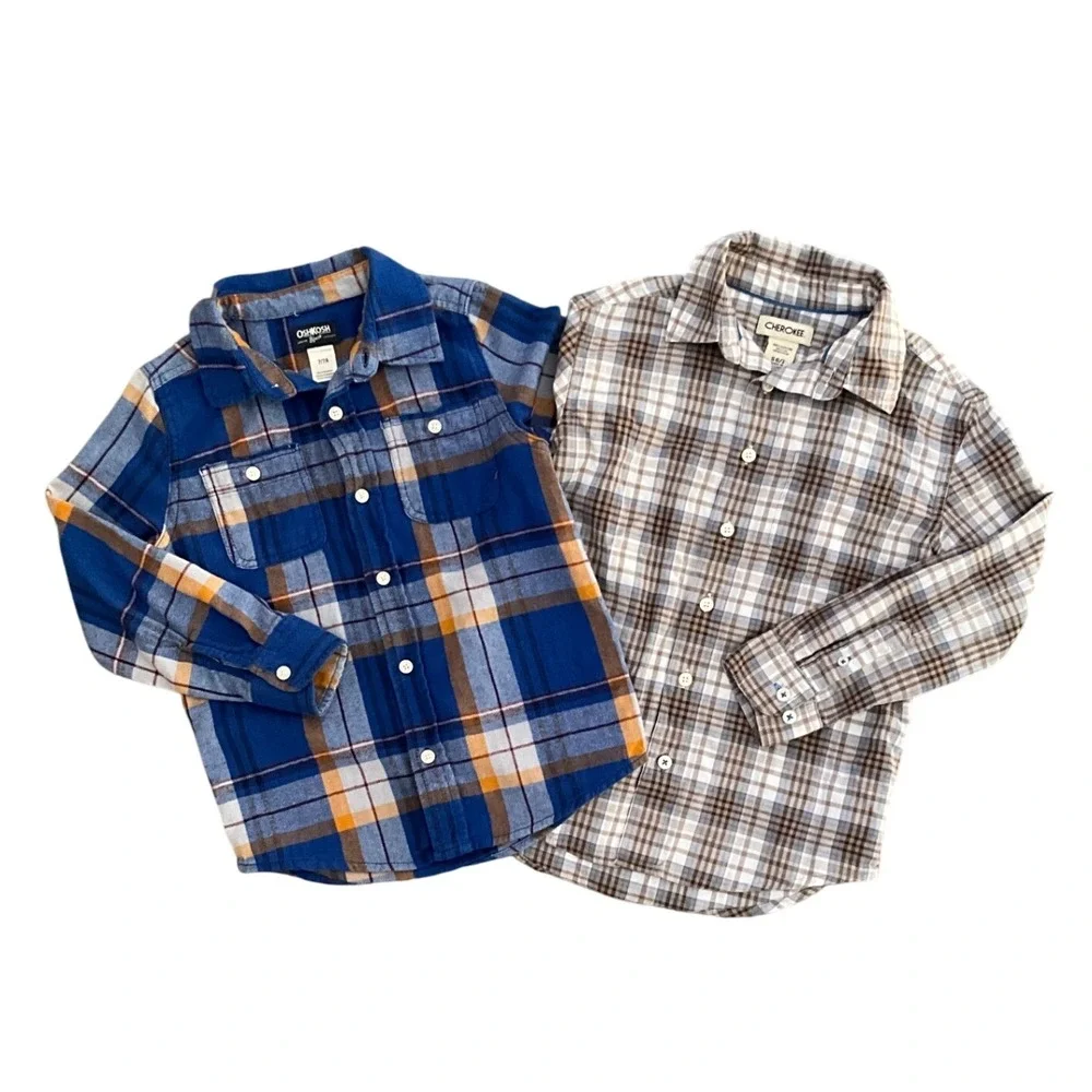 Lot of 2 Boys Shirts OshKosh Flannel Blue Cherokee‎ Plaid Cotton Long Sleeve 6 7